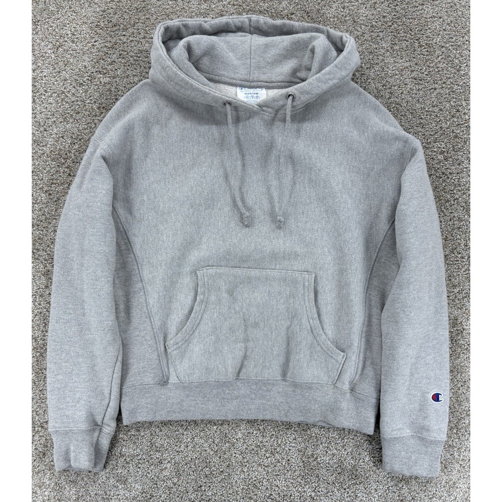 Champion Reverse Weave Sweatshirt Womens Medium Gray Crop Pullover‎ Hoodie Y2K